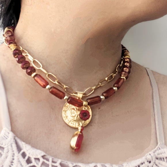 Red Jade, Crystal, And Glass Beads In Two Strand Gold Plated Paperclip Necklace - Picture 10 of 10